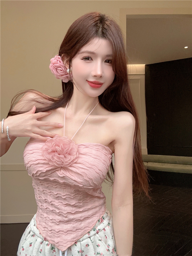 Women’s Halter Neck Cami Top Slim Fit Irregular Flower Sweet and Spicy Knit Top