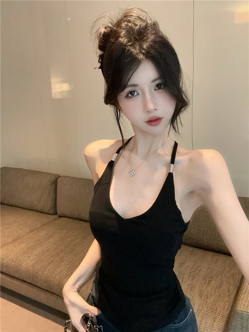 Black V-Neck Open Back Cami Top Women 2025 New Slim Fit Sexy Cropped Outerwear - Image 2