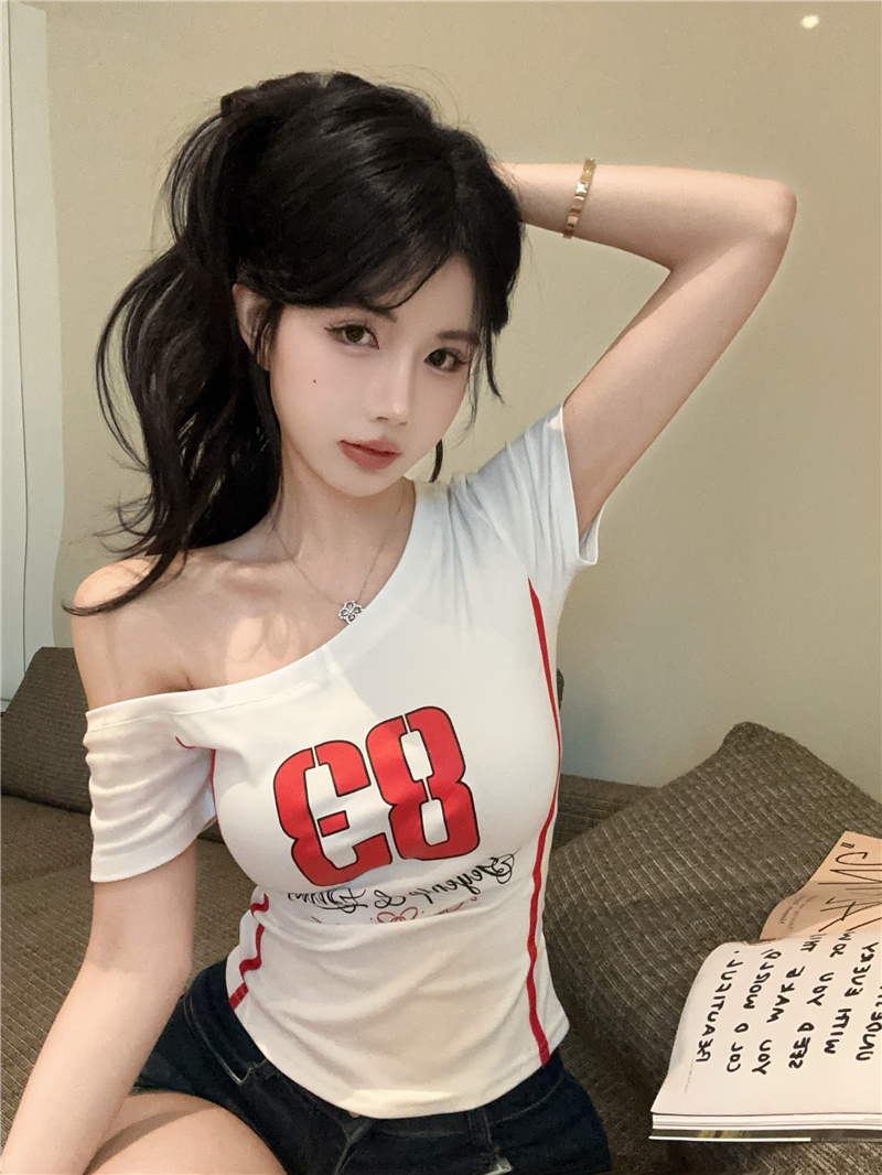 Women's One-Shoulder Short Sleeve Slim Fit T-Shirt Summer Sexy Top - Image 2