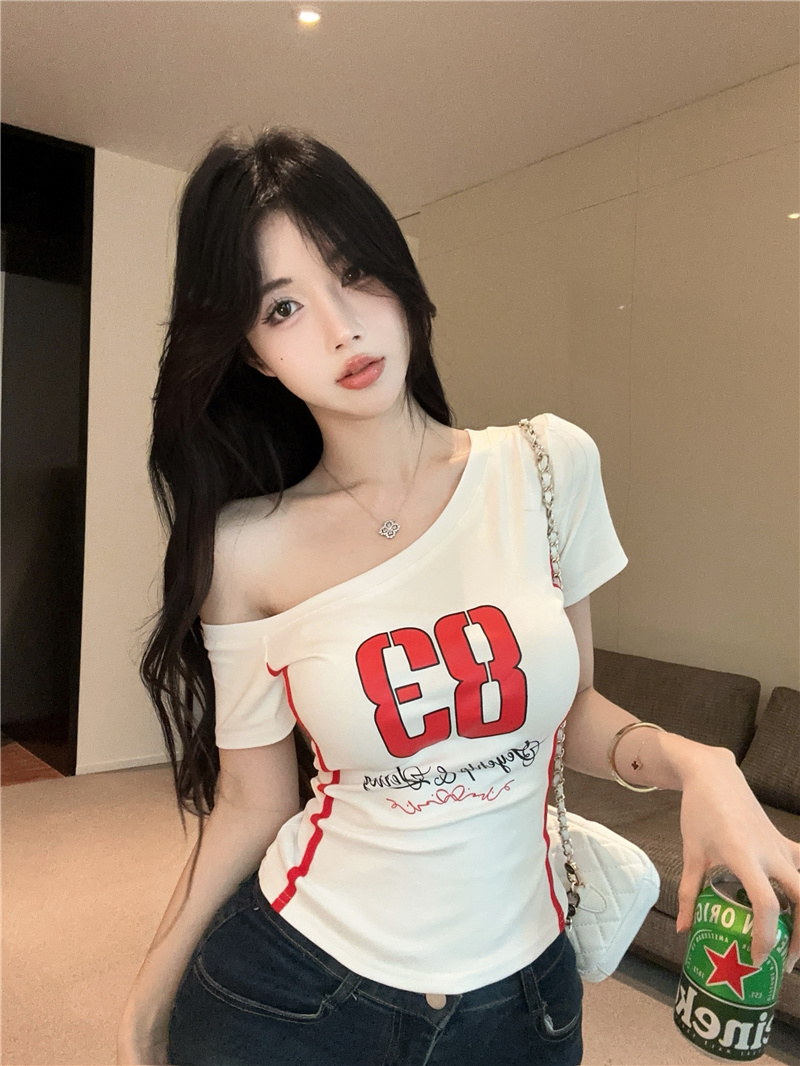 Women's One-Shoulder Short Sleeve Slim Fit T-Shirt Summer Sexy Top - Image 3