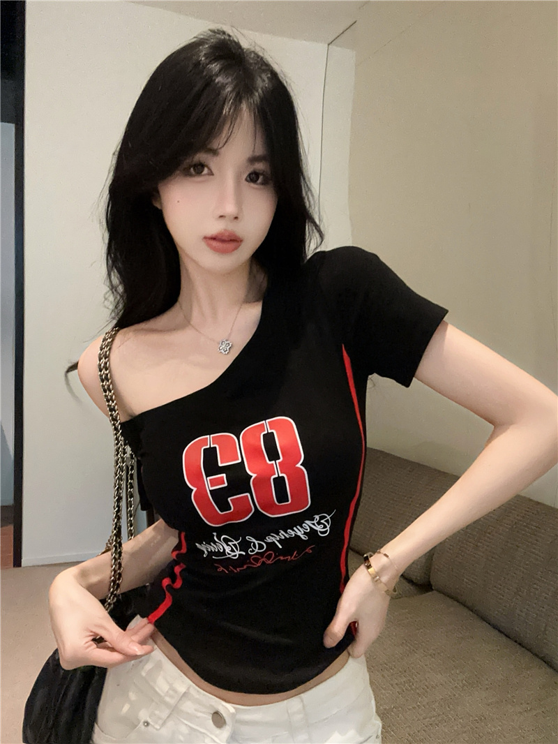 Women's One-Shoulder Short Sleeve Slim Fit T-Shirt Summer Sexy Top - Image 4