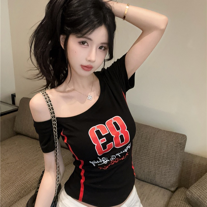 Women's One-Shoulder Short Sleeve Slim Fit T-Shirt Summer Sexy Top - Image 5