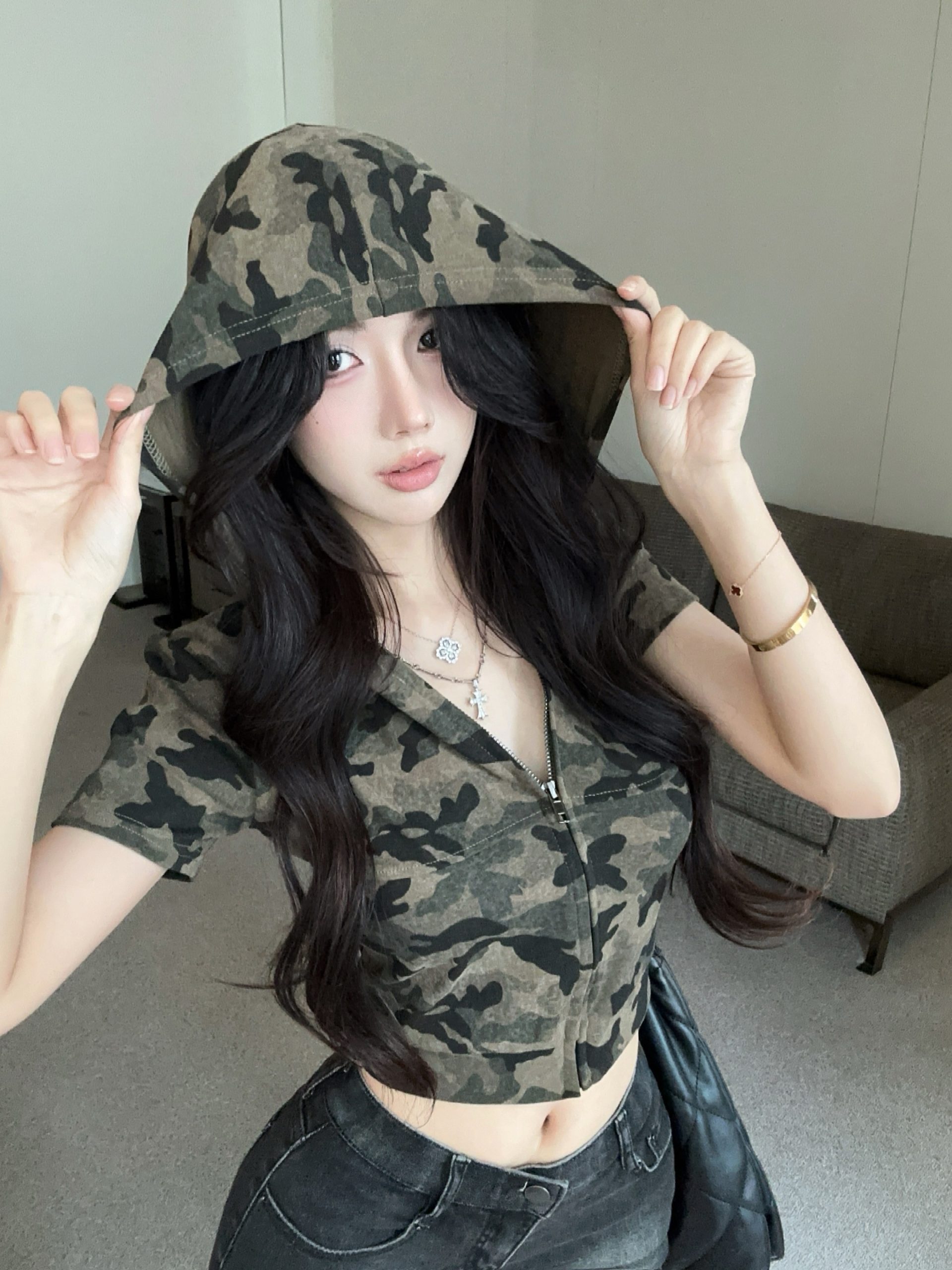 Cropped Camo Hooded Zip-Up Sweatshirt Summer Slim Retro Women’s Top