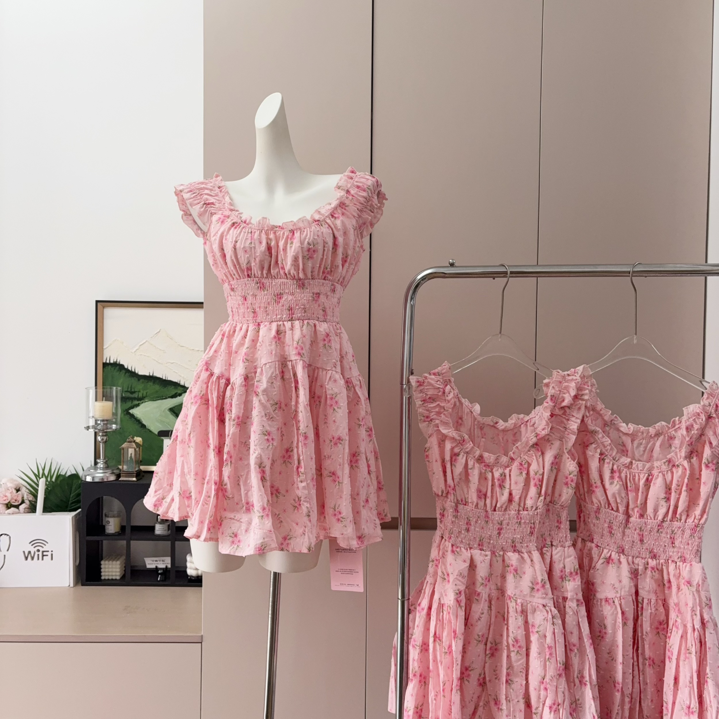 French Square Neck Puff Sleeve Pink Sweet Floral Dress