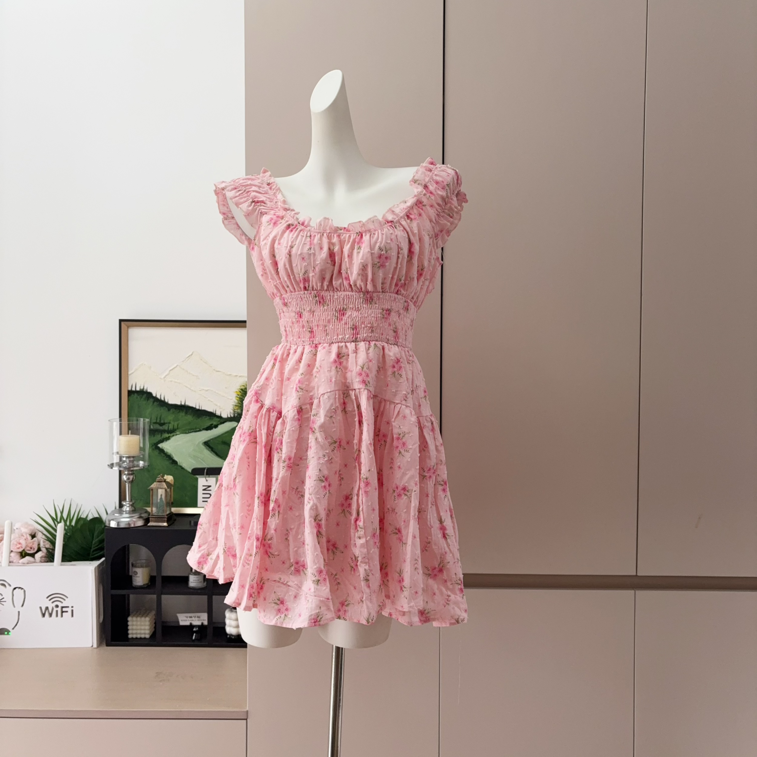 French Square Neck Puff Sleeve Pink Sweet Floral Dress - Image 2