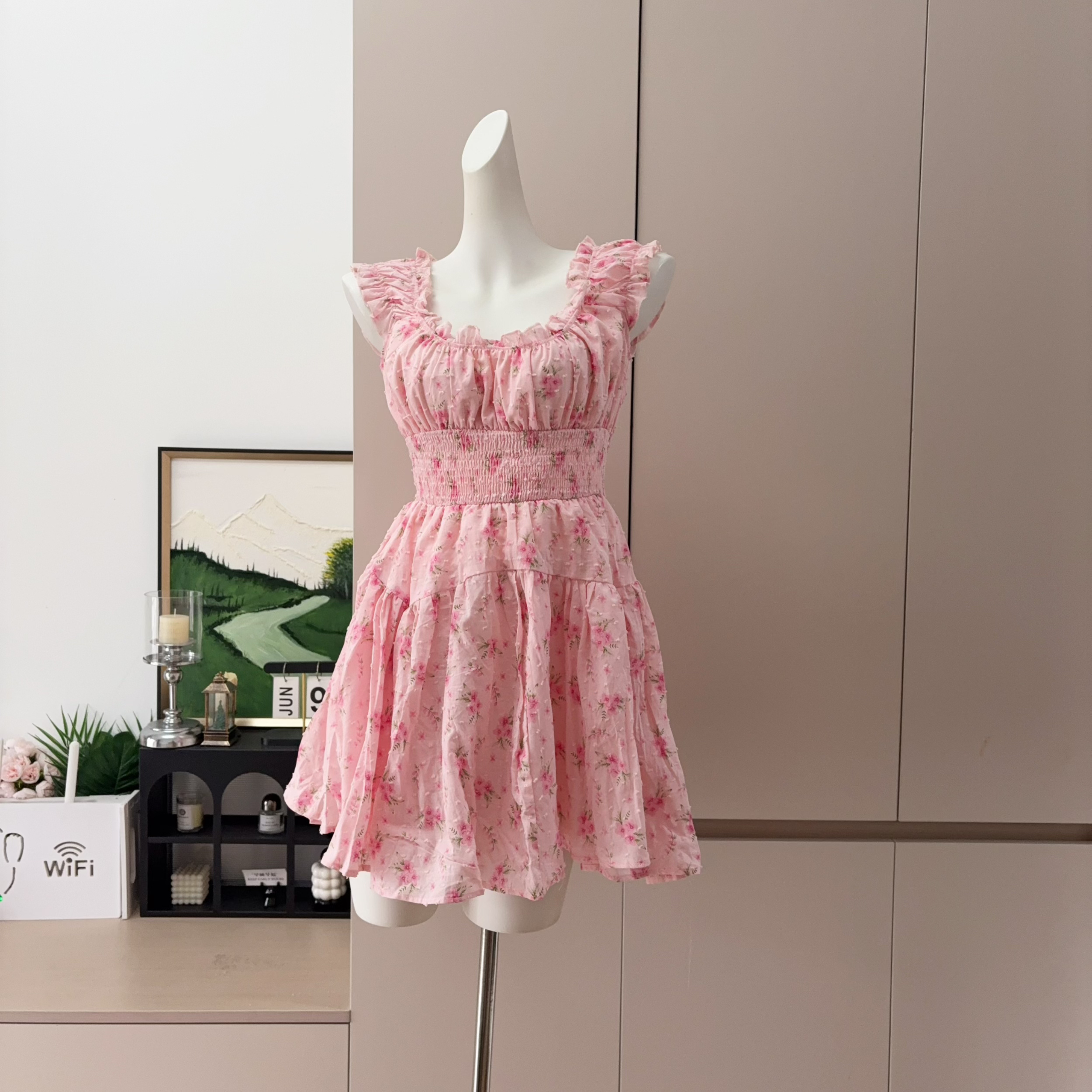 French Square Neck Puff Sleeve Pink Sweet Floral Dress - Image 3