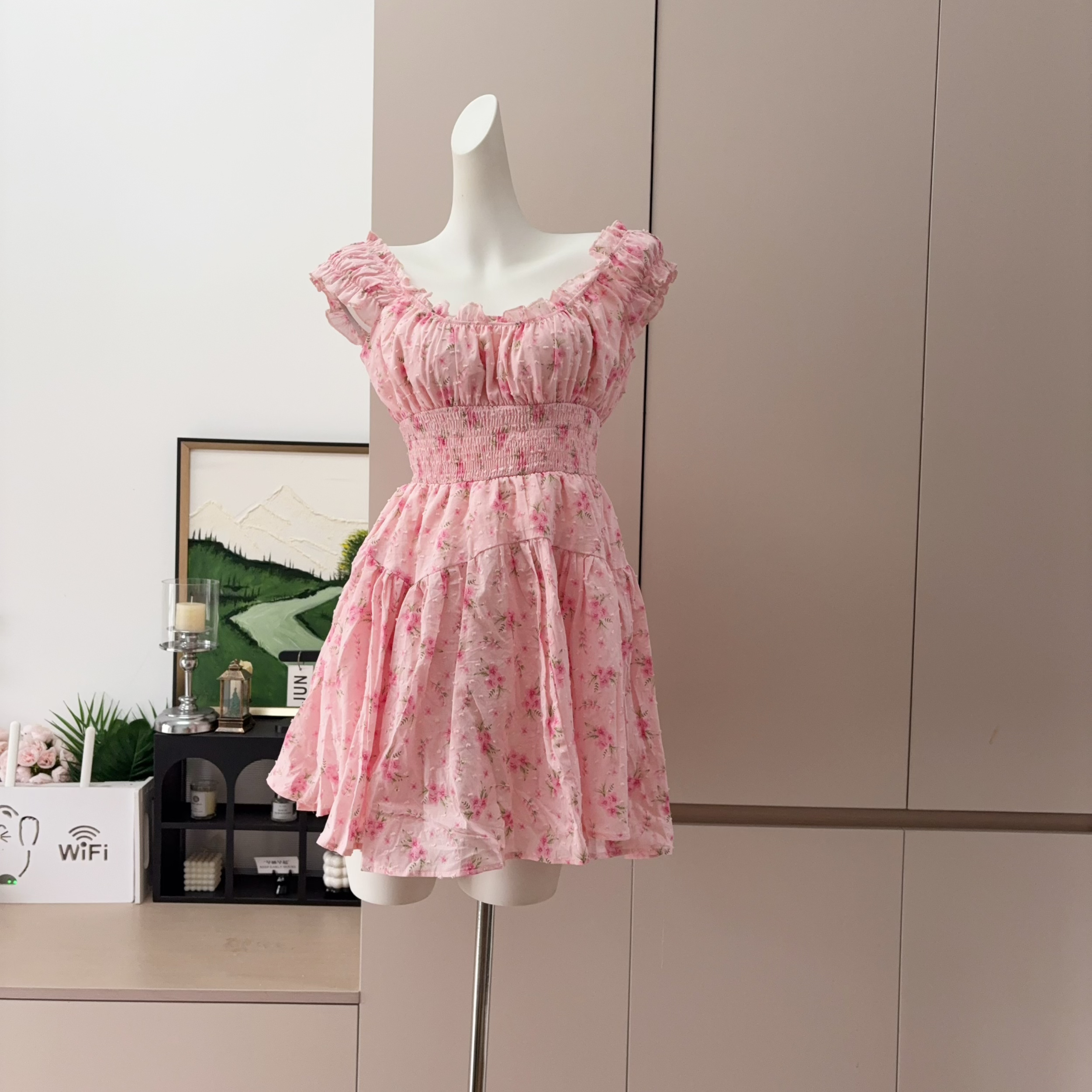 French Square Neck Puff Sleeve Pink Sweet Floral Dress - Image 4