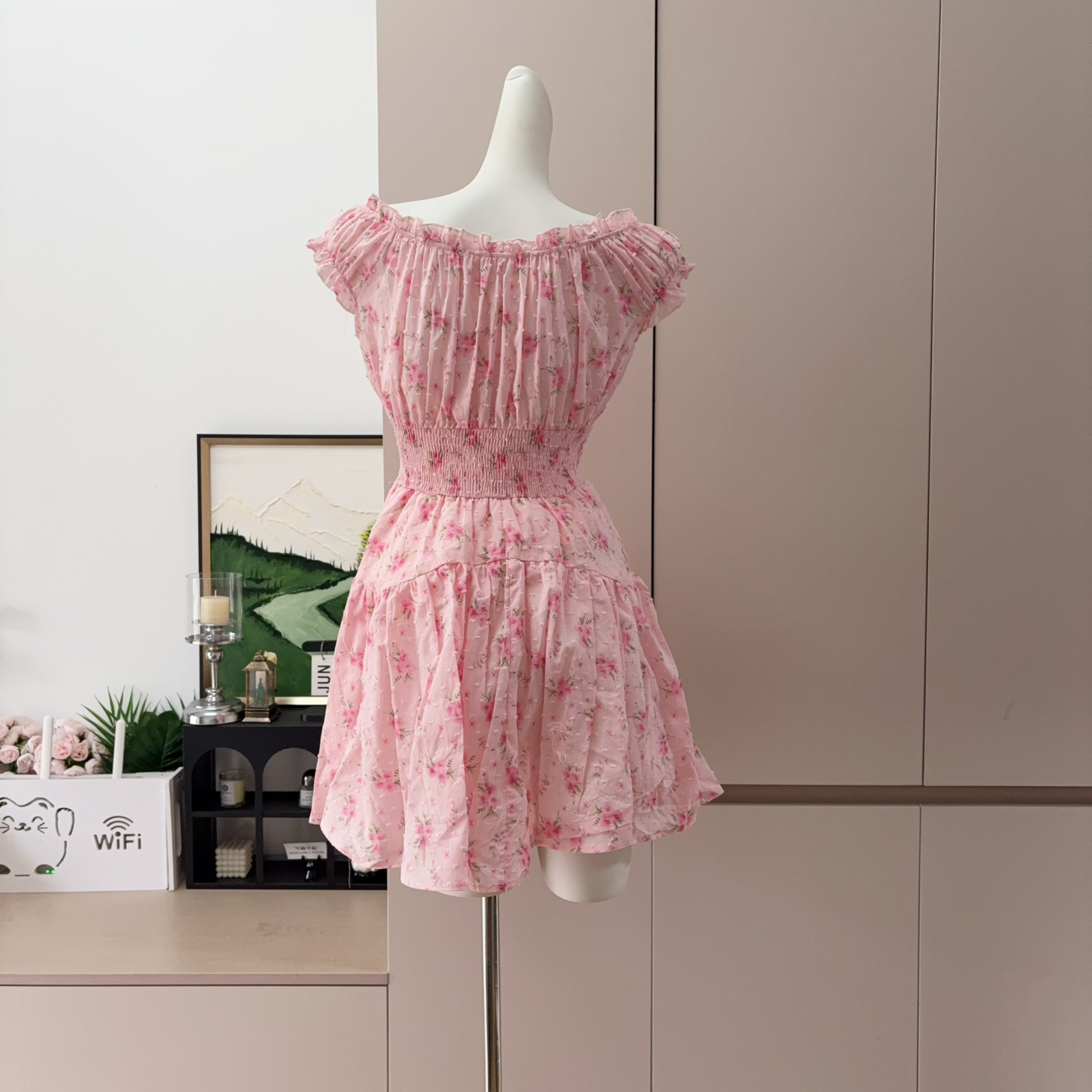 French Square Neck Puff Sleeve Pink Sweet Floral Dress - Image 5