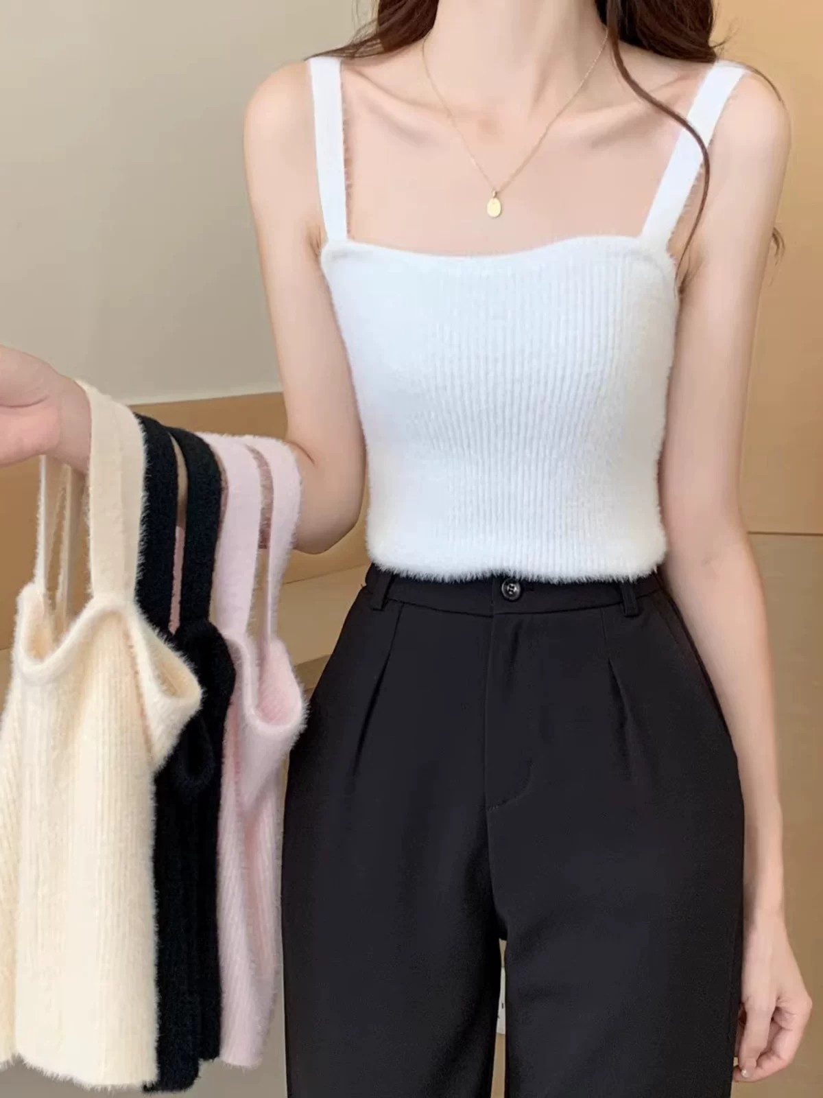 Women's Thick Warm Mink Fleece Camisole Vest Sleeveless Knit Top - Image 4